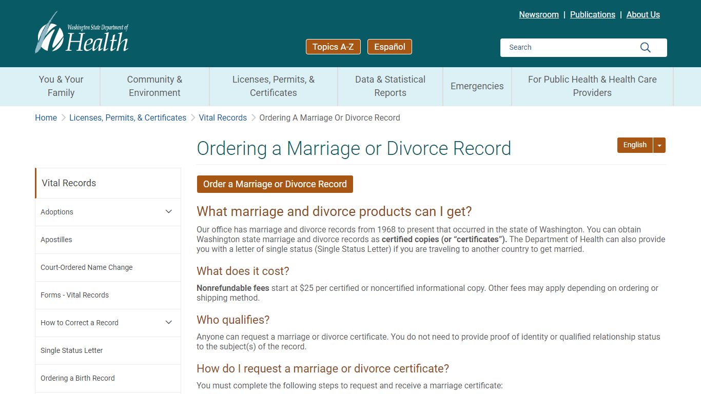 Ordering a Marriage or Divorce Record :: Washington State ...