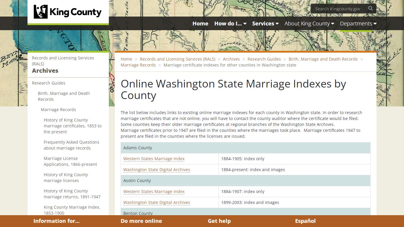 Online Washington State Marriage Indexes by County - King ...